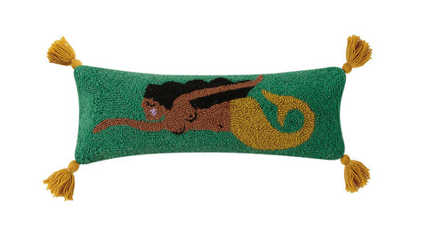 Classic swimming mermaid on rectangular lumbar pillow with 4 yellow corner tassels that match her curved mermaid tail, on a soothing deep muted aqua blue hook pillow. www.coast-to-home.com
