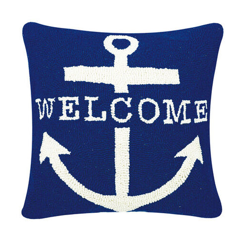Anchor Welcome Hook Pillow - Navy/White