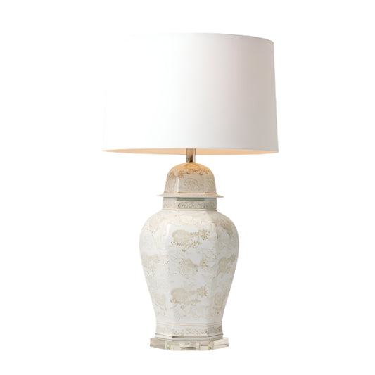 Nautical Heritage Ginger Jar Lamp – Beige and White Ceramic Table Lamp with Linen Shade