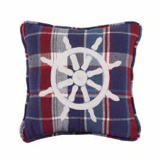Nautical Plaid Ship Wheel Embroidered Pillow