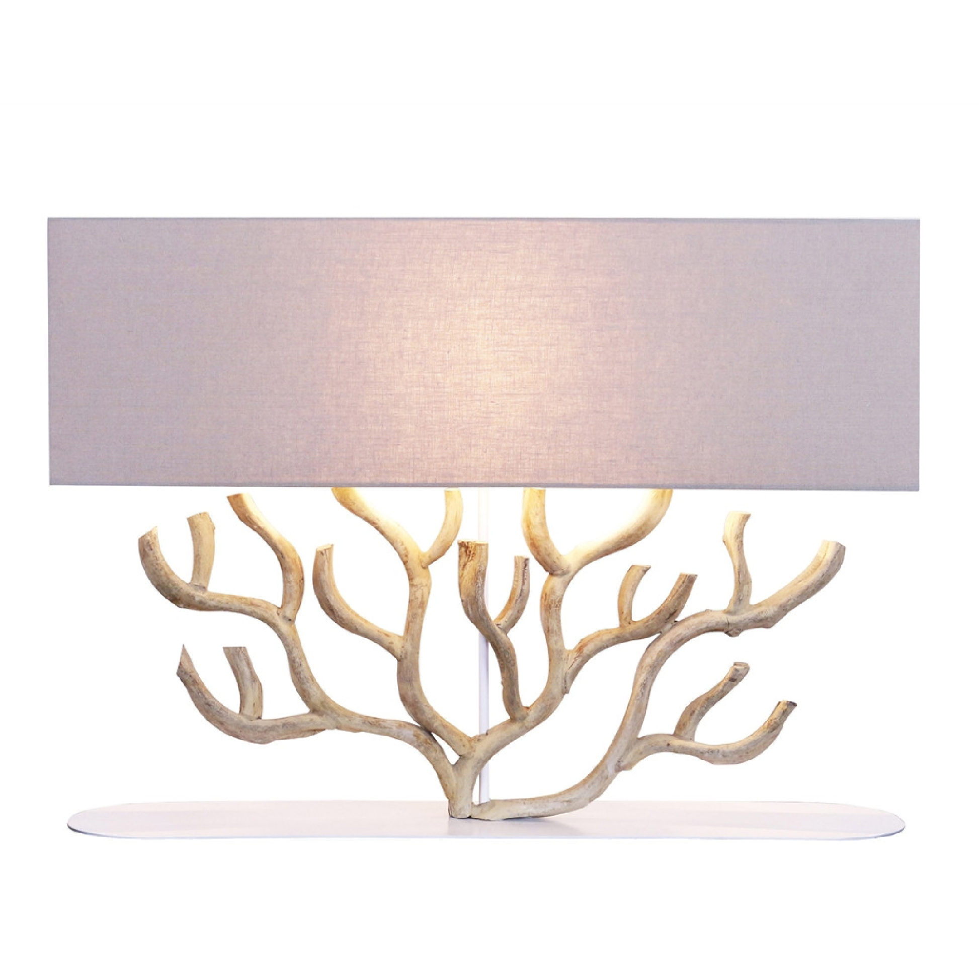 Sculptural bleached vine wood table lamp with off-white linen shade, 32 inches wide.
