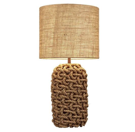 Handcrafted white barnacle ceramic table lamp with linen shade, 24 inches tall.