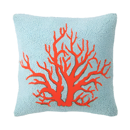 Handcrafted red coral hook pillow with wool embroidery on seafoam blue background, 16 inches.