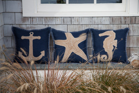 Navy Embroidered Nautical Pillow - Seahorse