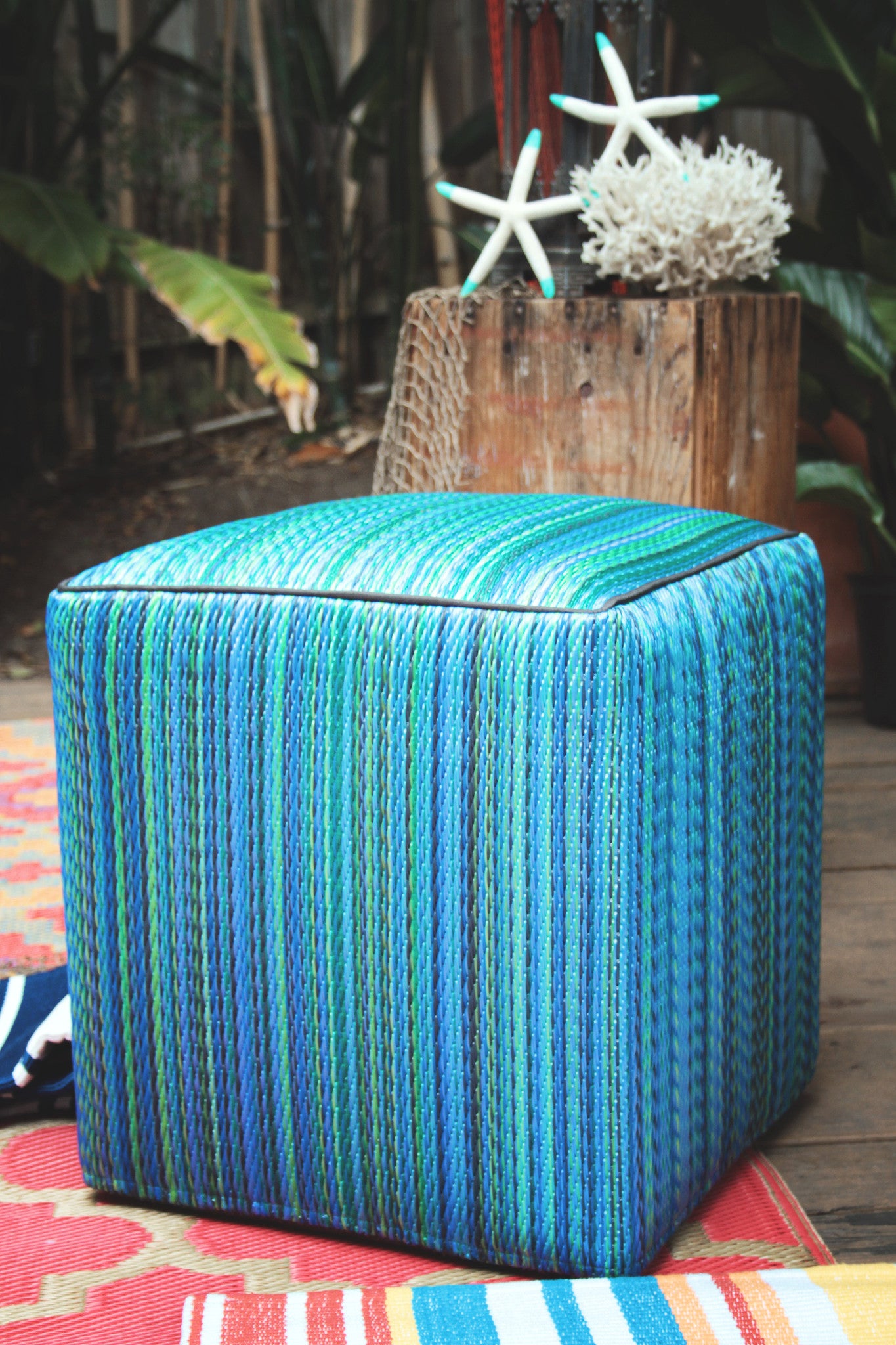 Cancun Indoor/Outdoor Cube - Turquoise & Moss Green -OUT OF STOCK