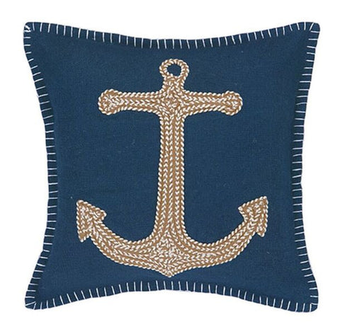 Navy Embroidered Nautical Pillow - Anchor