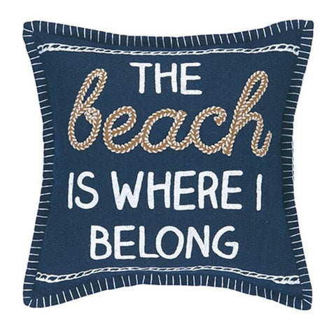 Navy Embroidered Nautical Pillow - The Beach Is Where I Belong