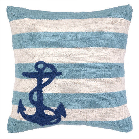Small Anchor Striped Hook Pillow - Light Blue, White & Navy