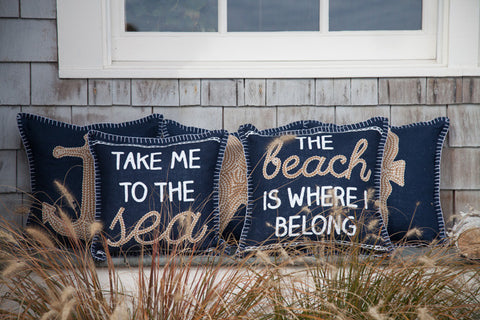 Navy Embroidered Nautical Pillow - The Beach Is Where I Belong