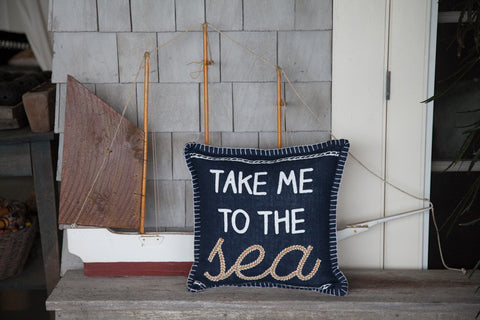 Navy Embroidered Nautical Pillow - Seahorse