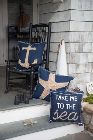 Navy Embroidered Nautical Pillow - Seahorse